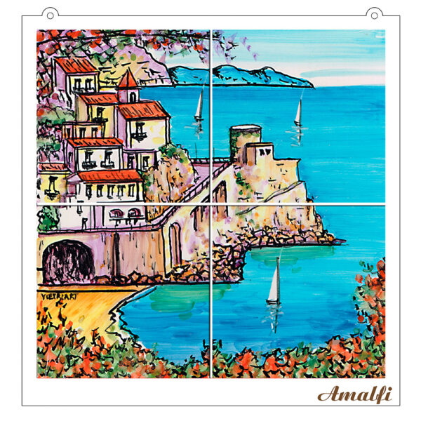 Quadro Mosaico di 4 mattonella in Ceramica su Pannello in Legno con Stampa di Vari Paesaggi disegnati - immagine 2