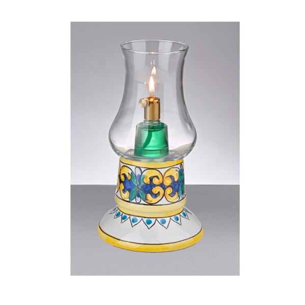 Lampada ad olio da tavolo, con base in ceramica decorata a mano. Cod. Amalfi