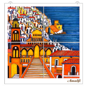 Quadro Mosaico di 4 mattonella in Ceramica su Pannello in Legno con Stampa di Vari Paesaggi disegnati