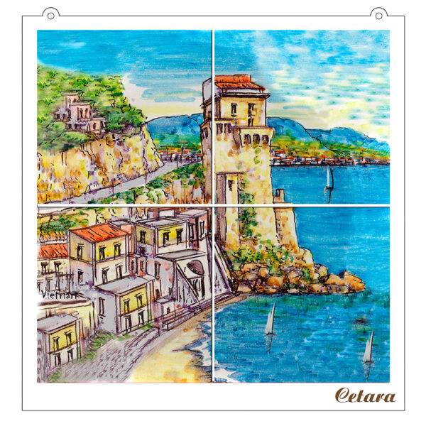 Quadro Mosaico di 4 mattonella in Ceramica su Pannello in Legno con Stampa di Vari Paesaggi disegnati - immagine 4