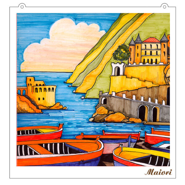 Quadro Mosaico di 4 mattonella in Ceramica su Pannello in Legno con Stampa di Vari Paesaggi disegnati - immagine 5