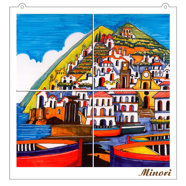 Quadro Mosaico di 4 mattonella in Ceramica su Pannello in Legno con Stampa di Vari Paesaggi disegnati - immagine 6