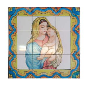 Quadro Mosaico in Ceramica Madonna con Bambino in Cornice di Stile Vietrese.