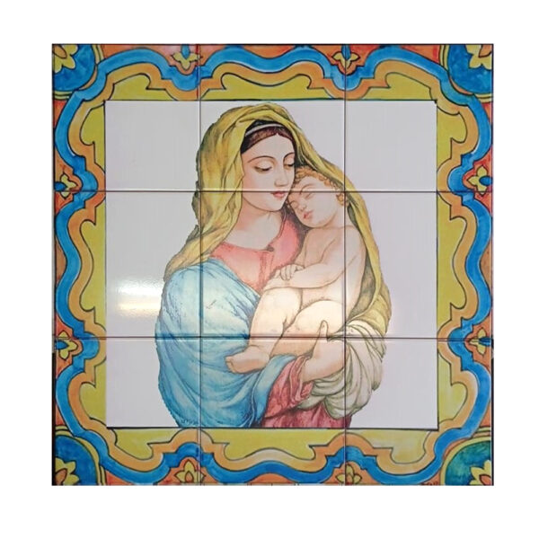 Quadro Mosaico in Ceramica Madonna con Bambino in Cornice di Stile Vietrese.