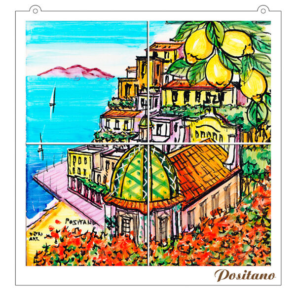 Quadro Mosaico di 4 mattonella in Ceramica su Pannello in Legno con Stampa di Vari Paesaggi disegnati - immagine 8