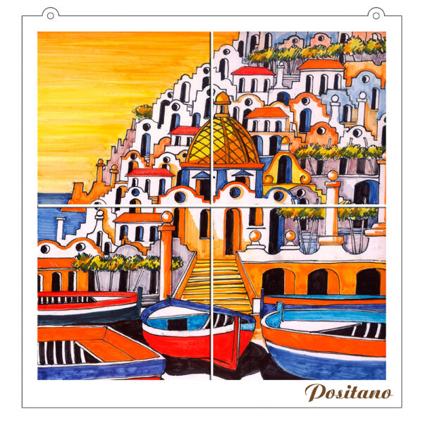 Quadro Mosaico di 4 mattonella in Ceramica su Pannello in Legno con Stampa di Vari Paesaggi disegnati - immagine 9