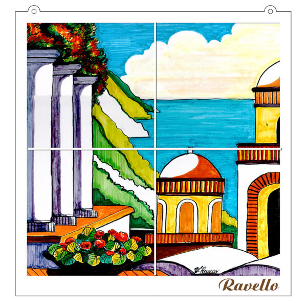 Quadro Mosaico di 4 mattonella in Ceramica su Pannello in Legno con Stampa di Vari Paesaggi disegnati - immagine 11