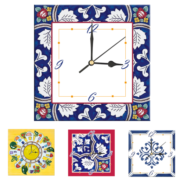 Orologio Piastrella in Ceramica con Stampa di Vari Decori di cm 15 x 15
