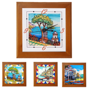Orologio Piastrella in Ceramica cm 10x10 Stampa di Vari Paesaggi con Cornice in Legno