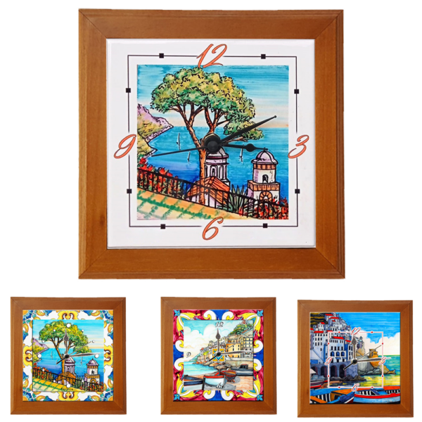 Orologio Piastrella in Ceramica cm 10x10 Stampa di Vari Paesaggi con Cornice in Legno
