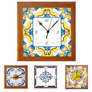 Orologio Piastrella in Ceramica c.m 10x10 Stampa di Vari Decori con Cornice in Legno