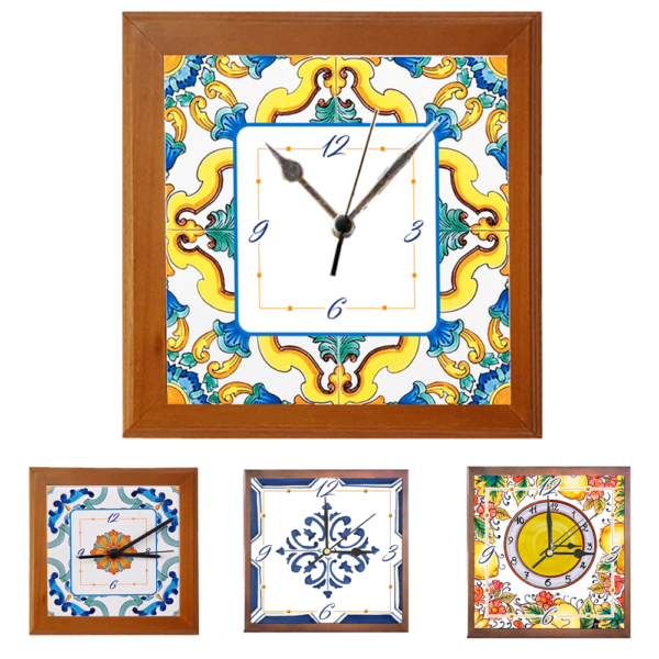 Orologio Piastrella in Ceramica c.m 10x10 Stampa di Vari Decori con Cornice in Legno