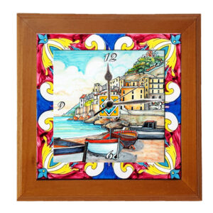 Orologio Piastrella in Ceramica cm 20x20 Stampa di Vari Paesaggi con Cornice in Legno