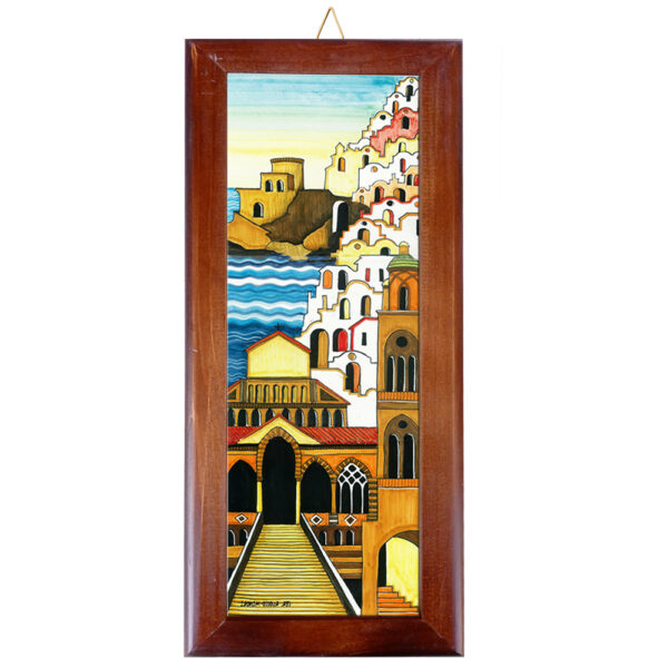 Mattonella in Terracotta cm. 10x30 con Cornice in Legno e Stampa di Vari Paesaggi della Costiera Amalfitana - immagine 2