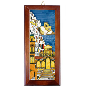 Mattonella in Terracotta cm. 10x30 con Cornice in Legno e Stampa di Vari Paesaggi della Costiera Amalfitana