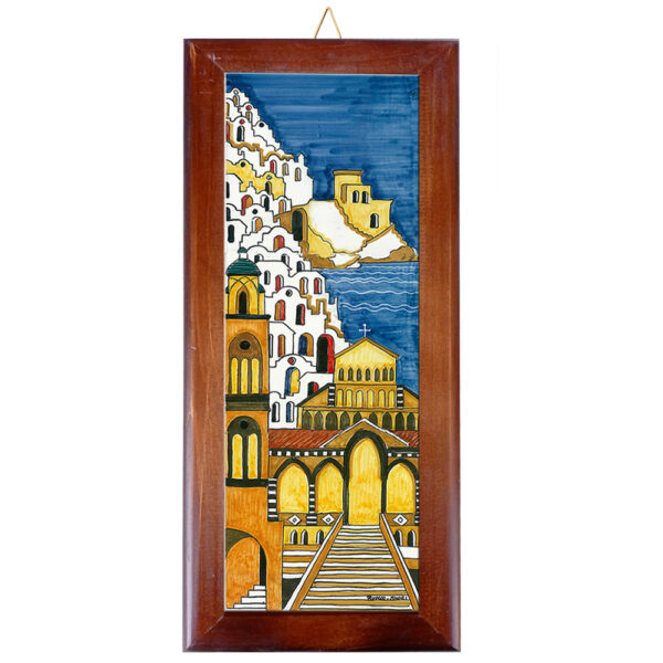 Mattonella in Terracotta cm. 10x30 con Cornice in Legno e Stampa di Vari Paesaggi della Costiera Amalfitana