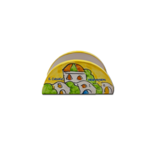 Portatovaglioli mezzaluna in terracotta con decoro vietrese e scritta personalizzata. A partire da € 3,00